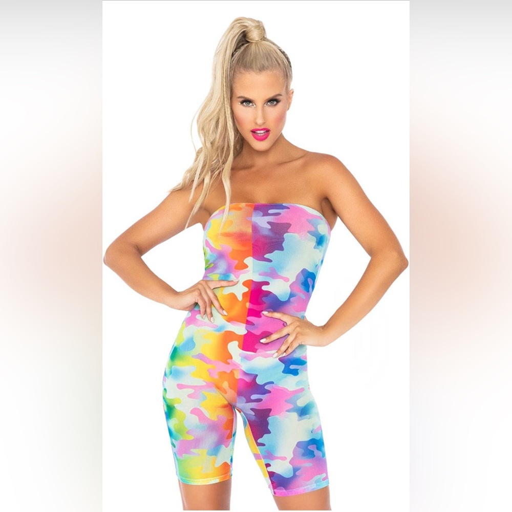Leg Avenue Rainbow Camo Mesh Strapless Romper Multicolor Festival Clothing NEW